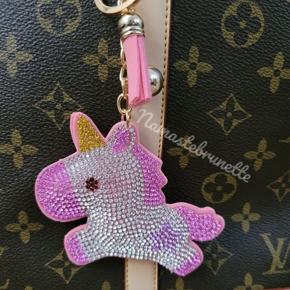 Unicorn Crystal Rhinestone Keychain Bag Charm With Blue Tassel - Picture 7 of 16